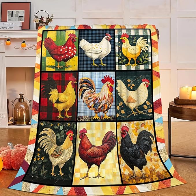 Rooster Blanket, Chicken Throw Blanket, Farmhouse Rooster Gifts Blankets Stuff Fleece Flannel Plush for Women Men Boys Girls Lovers Adults Soft Bedding Gift for Sofa Bed Office Home Decor 80"x60"
