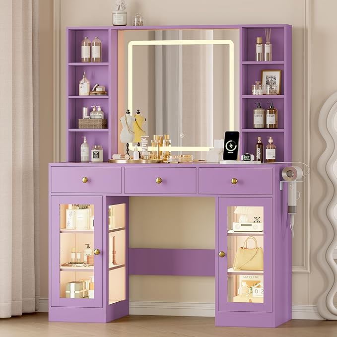 Makeup Vanity Desk with Mirror and Lights, 43" Purple Vanity with Glass Top, Jewelry Storage, 3 Drawers & Glass Cabinets, Power Outlet & Adjustable LED Lights, Dressing Table for Women & Girls Bedroom