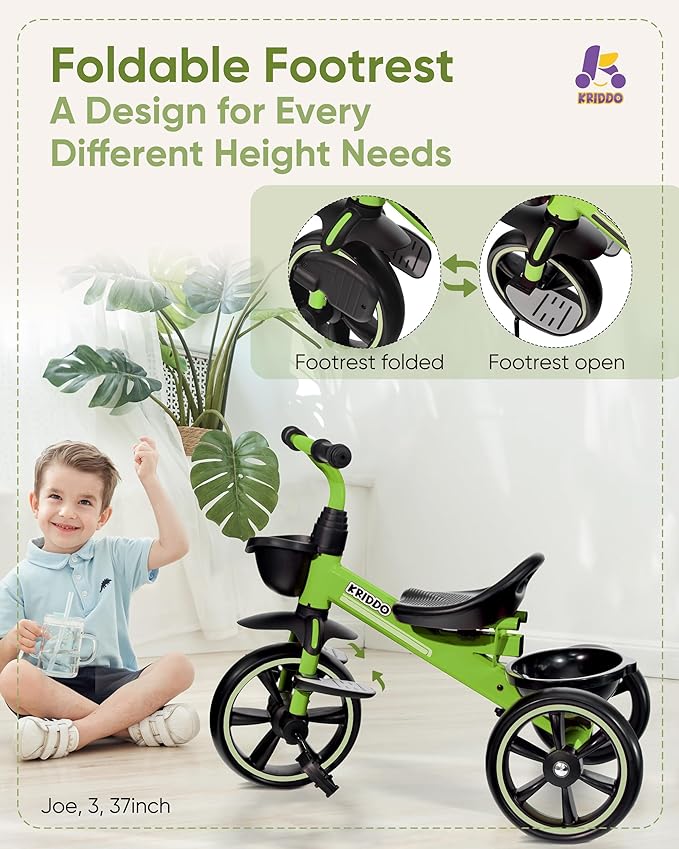 KRIDDO 2-in-1 Toddler Tricycle for Ages 18 Months to 5 Years Old - Extended Push Handle for Effortless Push, Gift Trike for Toddler 3 to 5 Year, Kids Tricycle with Foldable Front Footrest, Green