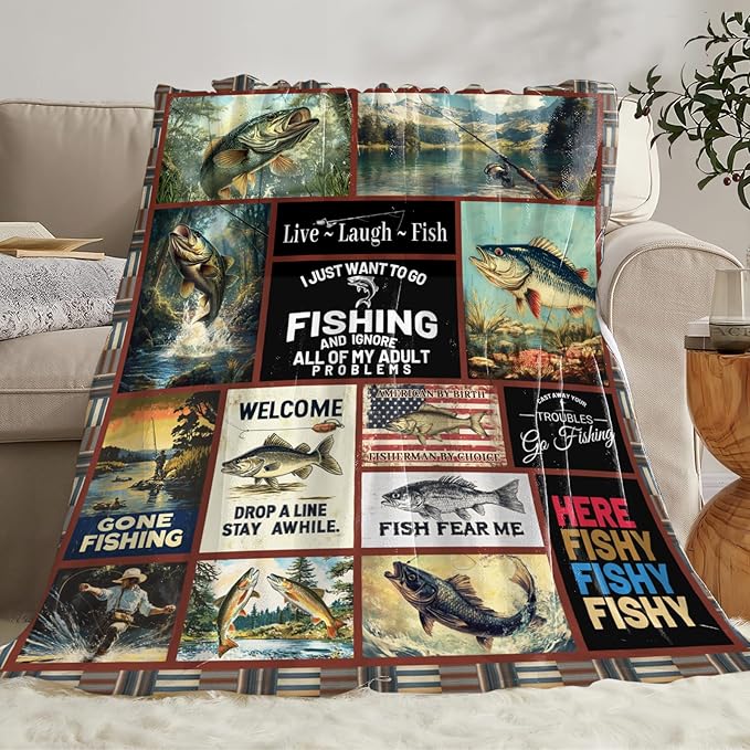 Fishing Gifts for Men, Fishing Fish Flannel Throw Blanket, Cozy Fleece Soft Stuff Blankets Gift for Dad Fisherman Couch Sofa Bed 80" x 60"