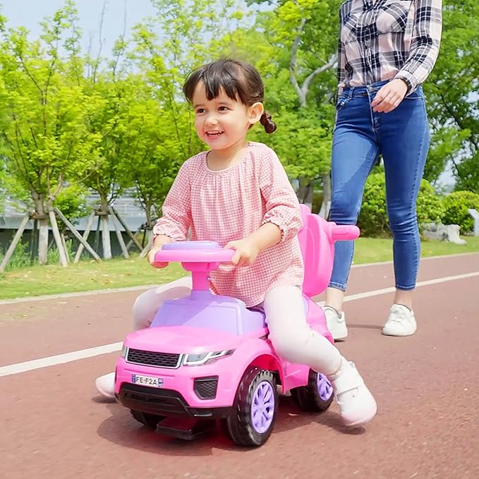 Aosom 2 in 1 Push Cars for Toddlers Kid Ride on Push Car Stroller Sliding Car with Horn Music Light Function Secure Bar Ride on Toy for Boy Girl 1-3 Years Old Pink