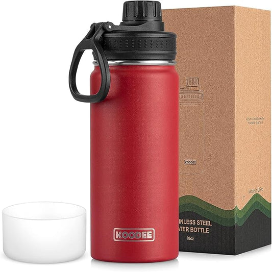 koodee Insulated Water Bottle, 18 oz Stainless Steel Double Wall Vacuum Wide Mouth Sport Bottle with Leakproof Spout Lid (Canyon Red)