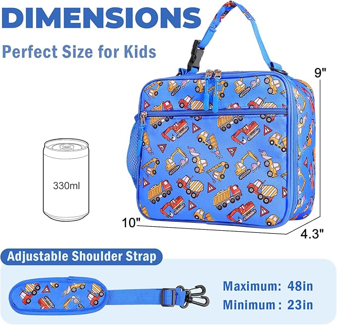 Kids Lunch Box Kids Lunch Bag for Girls Boys, Insulated Lunch Bag for Men with Shoulder Strap, Small Lunchbox for Girls School Travel Picnic (Blue, Car)
