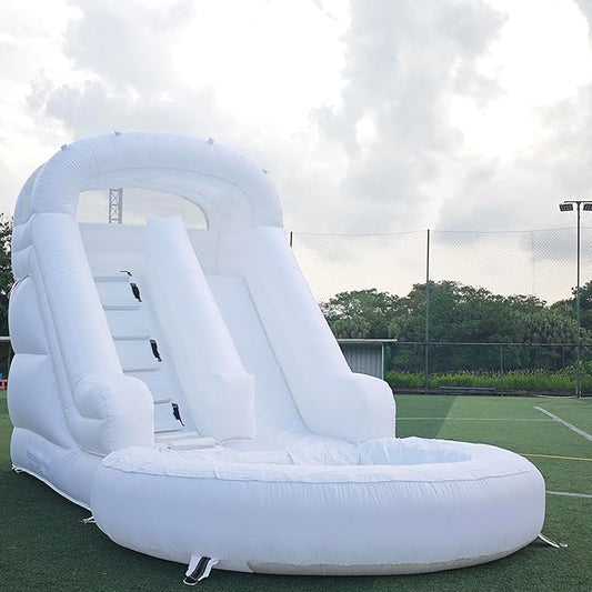 16FT White Inflatable Water Slide 100% Thickened PVC Swimming Pool Tool Heavy-Duty Outdoor Swimming Pool Party Entertainment Equipment with Slide and Reservoir (Equipped with Air Pump and Water Pipe)