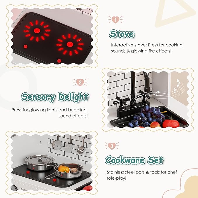 DlandHome Kids Kitchen Playset, Pretend Kitchen Playset with Real Lights & Sounds, Chef Pretend Play Set with Refrigerator, Microwave, Oven, Ideal Toy Gift for Toddlers and Kids Ages 3+