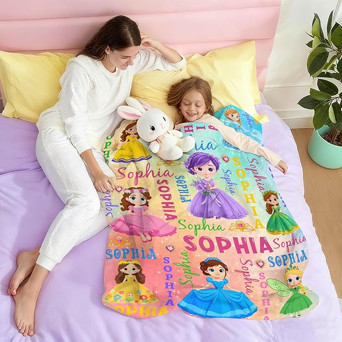 Custom Girl Blanket with Name Personalized Cute Pink Princess Blanket for Newborn Customized Soft Flannel Throw Blanket Gift for Toddler on Birthday Baby Shower Christmas