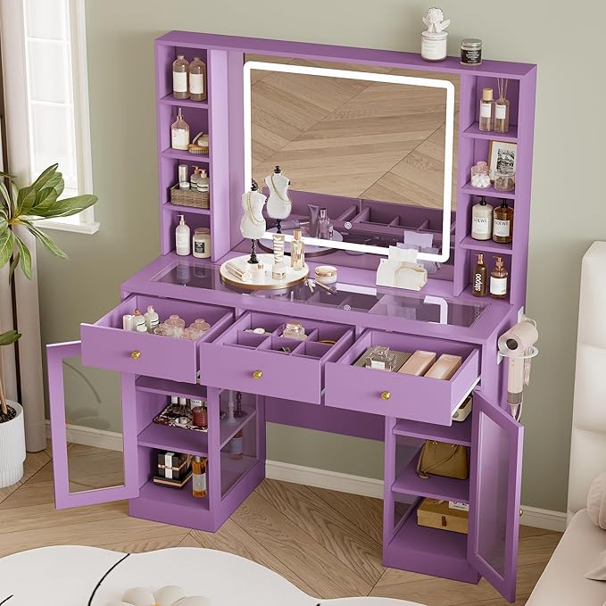 Makeup Vanity Desk with Mirror and Lights, 43" Purple Vanity with Glass Top, Jewelry Storage, 3 Drawers & Glass Cabinets, Power Outlet & Adjustable LED Lights, Dressing Table for Women & Girls Bedroom