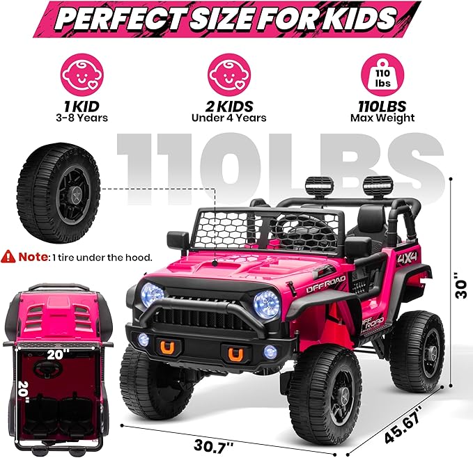 JOYRACER 24V 2 Seater Ride On Toys for Big Kids, 800W Power Truck Wheels with Remote Control, 4WD/2WD Switchable, 20" Spacious Seat, Soft Start, Bluetooth, Electric Car for Kids Ages 3-8, Rose Red