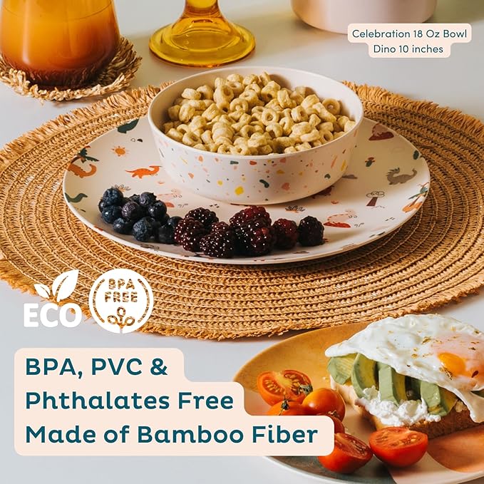 Nook Theory 4 Pack Reusable Bamboo Plates - Non-Toxic Toddler and Kids Plate, Dishwasher Safe, Not Microwavable Dinnerware (Dino 10")