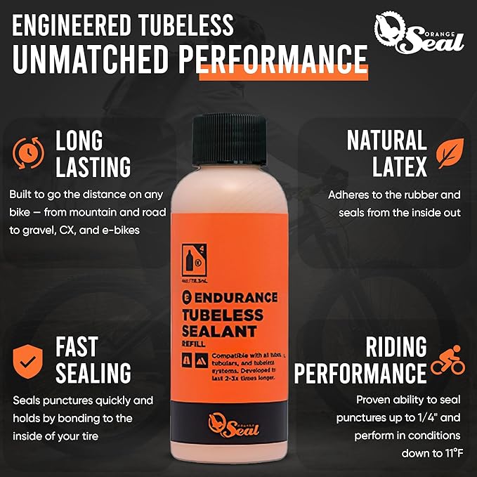 Orange Seal - Endurance Formula Tubeless Bike Tire Sealant | Long Lasting, Fast Sealing | for MTB, Road, CX and Gravel Bicycle Tires