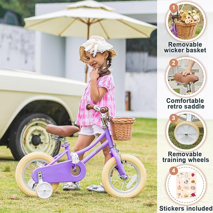 Petimini Girls Bike with Basket for 2-12 Years Old Kids, 12 14 16 18 20 Inch Bicycle with Bell Training Wheels Basket, Multiple Colors