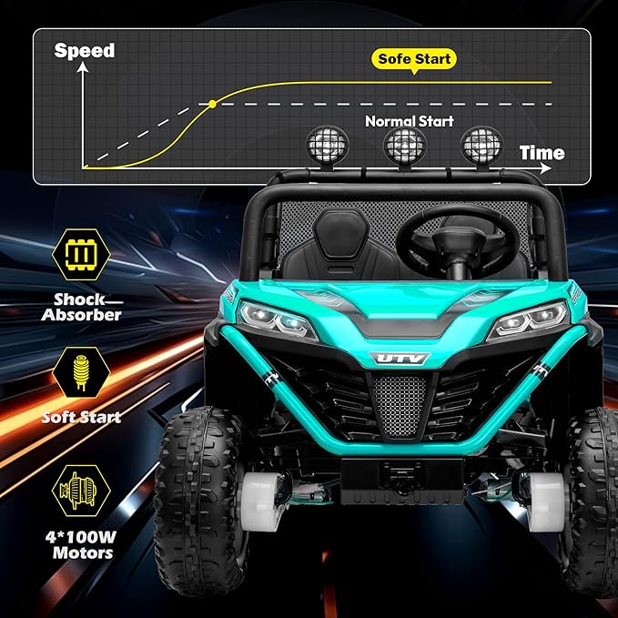 2 Seater 24V Ride On Toys for Big Kids, Electric UTV Car with Remote Control, 4-Wheeler Suspension, Soft Start, Bluetooth, MP3, Lights, Ride on Truck Kids 3 Years+, Green
