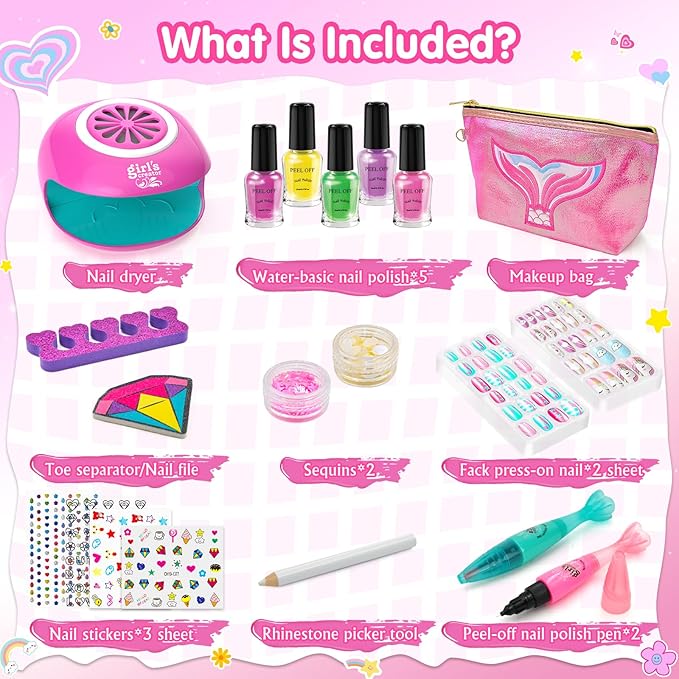 Amagoing Kids Nail Polish Set for Girls, Girls Nail Kit Ages 7-12 with Nail Dryer, Quick-Dry Nail Polish, Nail Art Pens, Cartoon Press on Nail, Makeup Bag, Spa Manicures Birthday Christmas Gift Toy