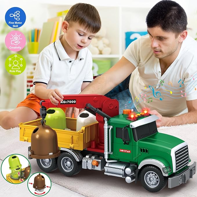 SpringFlower Truck Toy for Boy Toddlers, Large Garbage Sorting Truck for 3 4 5 6 7 Old Kids,Vehicle Toy with Garbage Can & Light Sound, Birthday Gifts for Boys & Girls