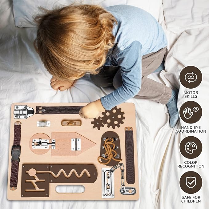 Montessori Busy Board for Toddlers, Wooden Sensory Toys, Preschool Learning Activities for Fine Motor Skills Travel Toy, Basic Life Skills Educational Gifts for 1, 2, 3 Years Old Kids Boys Girls