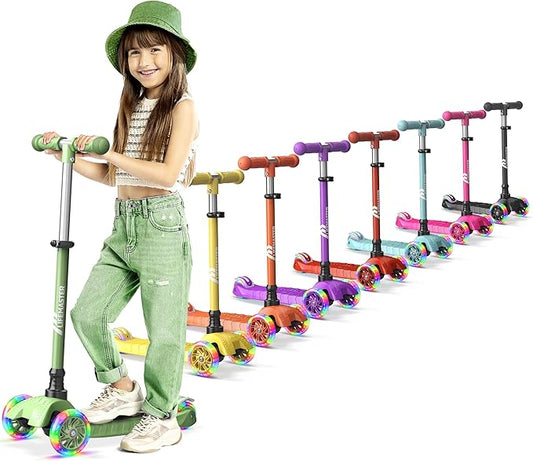 Lifemaster Mini 3-Wheel Kids Scooter with Multi-Color Wheel Lights – 4-Height Adjustable Handlebar, Wide Anti-Slip Deck, Child Safety Certified, Boys & Girls Ages 2+ Supports Up to 110 lbs