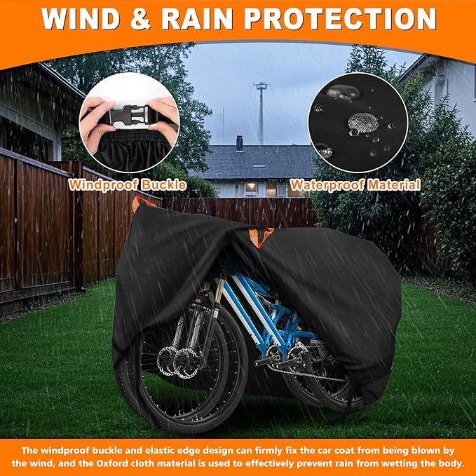 Bike Cover, Bicycle Cover Outdoor Waterproof Storage All Weather Rain Sun Windproof for Mountain Road Bike Electric Bike with Lock Holes & Reflective Strip (1 or 2 Bikes)