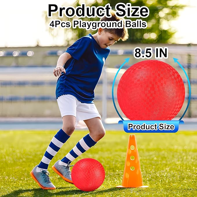 Kickball Set, 8.5 Inch Playground Ball, 4 Pcs Dodgeball Kickballs with 1 Pump, Rubber Kick Balls for Kids Adults Outdoor, Official Size Bouncing Hand Balls for Camps and Schools