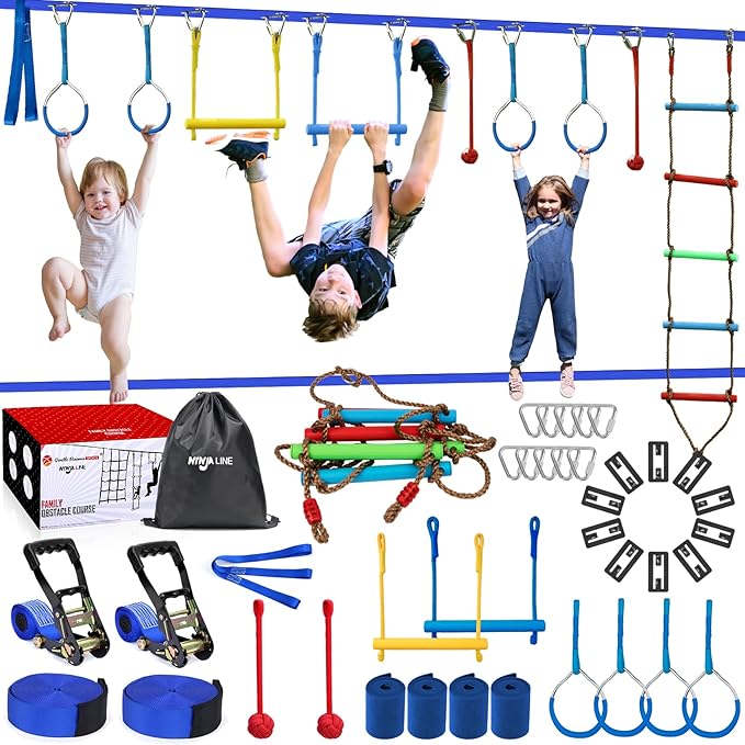 2x56FT Ninja Warrior Obstacle Course for Kids, Ninja Slackline with 11 Accessories, Slackline Kit with Pulley, Rope Ladder, Monkey Bar,Arm Trainer, Climbing Rope