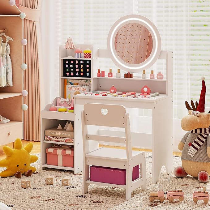 Costzon Kids Vanity, Girls Vanity Set with Mirror and Lights, Jewelry Storage, Shelves, Princess Toddler Makeup Vanity Desk Dressing Table, Wooden Kids Vanity Table and Chair Set (White)