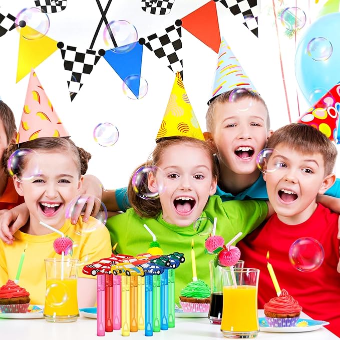 AMFZON 24Pcs Race Car Party Favors Bubble Wands for Kids, Racecar Wheels Mini Bubbles Wand Toys, Two Fast Birthday Party Supplies Goodie Gift Bag Stuffers Pinata Classroom Prizes