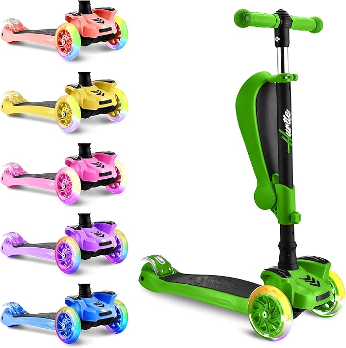 Hurtle 3-Wheeled Scooter for Kids - Wheel LED Lights, Adjustable Lean-to-Steer Handlebar, and Foldable Seat - Sit or Stand Ride with Brake for Boys and Girls Ages 1-14 Years Old