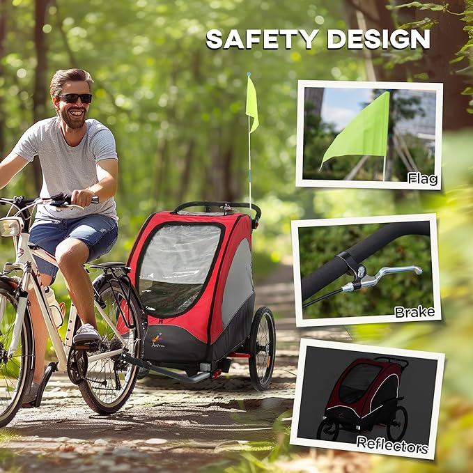 Aosom Bike Trailer for Kids 3 In1 Foldable Child Jogger Stroller Baby Stroller Transport Carrier with Shock Absorber System Rubber Tires Adjustable Handlebar Kid Bicycle Trailer