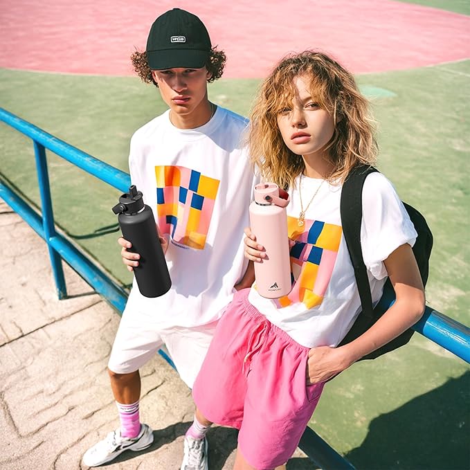 POWCAN 24 oz Slim Insulated Water Bottle with Straw: Leakproof, Keep Cold 24H, Cupholder Friendly, Top Handle, BPA-free, Stainless Steel Water Bottle for Sport, Travel, School, Gym (Midnight Black)