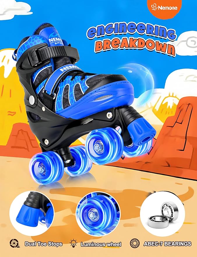 NEMONE Roller Skates for Boys Kids Ages 4-6 5-8 6-12 8-12 with 4 Sizes Adjustable Light up Wheels, Todder Beginner Rollerskates Indoor Outdoor Sports