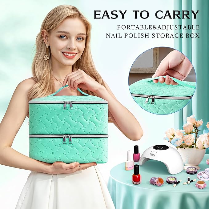 DreamGenius Nail Polish Organizer Case Holds 42 Bottles, Portable Double-Layer Nail Polish Storage Bag with Adjustable Dividers for Manicure Tools, Green