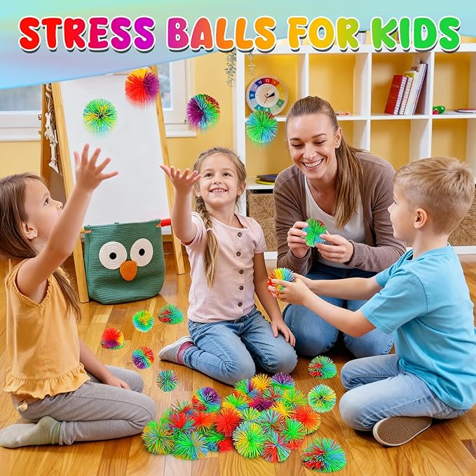 14PCS Stringy Balls, Sensory Stringy Ball, 2.75 inch Soft Rainbow Pom Bouncy, Stocking Stuffers for Kids, Monkey Pom Balls Fidget Toys Stress Ball, Birthday Gifts for Boys, Girls Ages 3+