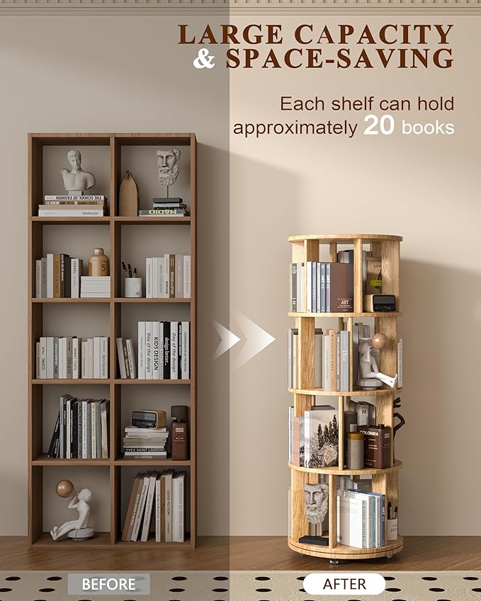 4-Tier Solid Wood Rotating Bookshelf on Wheels, 360° Spinning Book Shelf Tower, Round Revolving Bookcase Organizer, Rolling Bookshelves for Small Spaces, Corner, Bedroom, Kids Room, Office, Natural