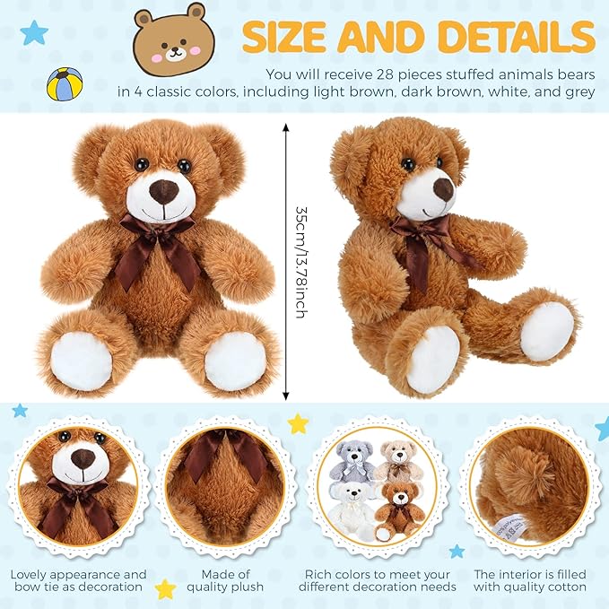 Aoriher 28 Pieces Stuffed Bears Bulk Plush Animals Toys with Ribbon Bow 13.7 Inches Wedding Baby Shower Centerpieces Decoration for Christmas Stocking Stuffed Party Favors