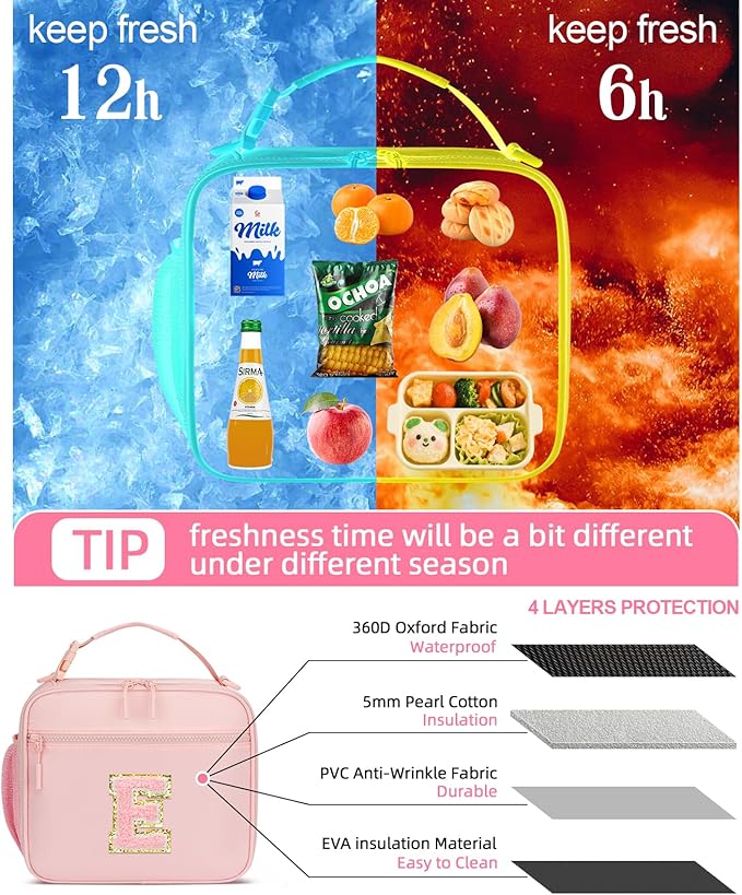 Kids Initial Lunch Bag, Reusable Insulated Lunch Box for Girls Toddlers, Back to School Gift, Leak-proof Cooler Bag for School Daycare Travel Picnic, Pink-E