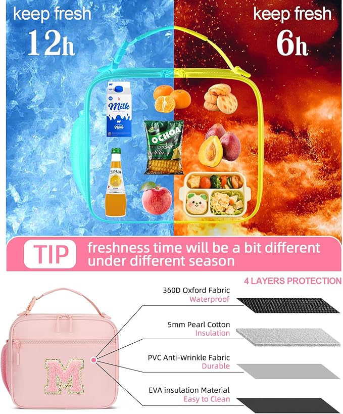 Kids Initial Lunch Bag, Reusable Insulated Lunch Box for Girls Toddlers, Back to School Gift, Leak-proof Cooler Bag for School Daycare Travel Picnic, Pink-M