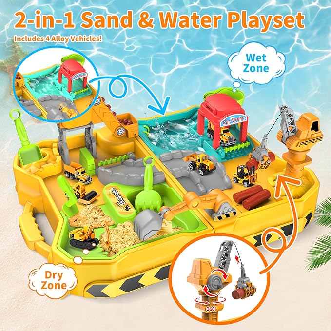 Construction Sandbox with 4 Trucks & Sand/Water Play-Foldable Portable Design Portable Beach & Backyard Toy for Ages 3-12, Outdoor Engineering Set with Rotating Crane for Kids