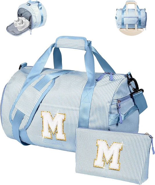 Gifts for 3 4 5 6 7 8 9 Year Old Girl, Girls Travel Duffle Bag, Kids Initial Overnight Bags with Shoe Compartment, Customized Weekender Bag with Makeup Pouch, Cute Birthday Gift (Letter M)