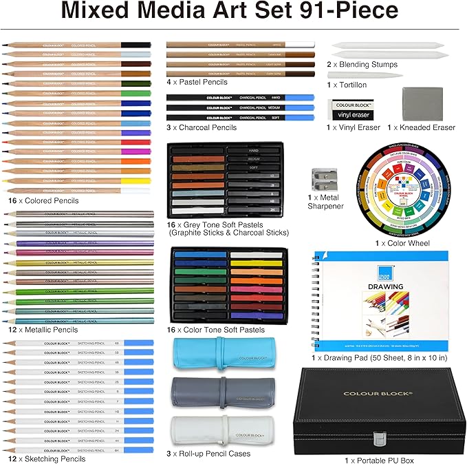 COLOUR BLOCK 91pc Drawing Pencil Set, Sketching, Coloring, Charcoal Pencils, Soft Pastels, Sketch Book, Travel Friendly Art Supply Kit for Kids Teens and Adults