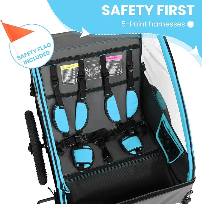 Sepnine Kids Bike Trailer, Suitable for 1 to 2 Kids, 12+ Months, Quick Attach to Bike, Foldable, with 5-Point Harness and Storage Bags