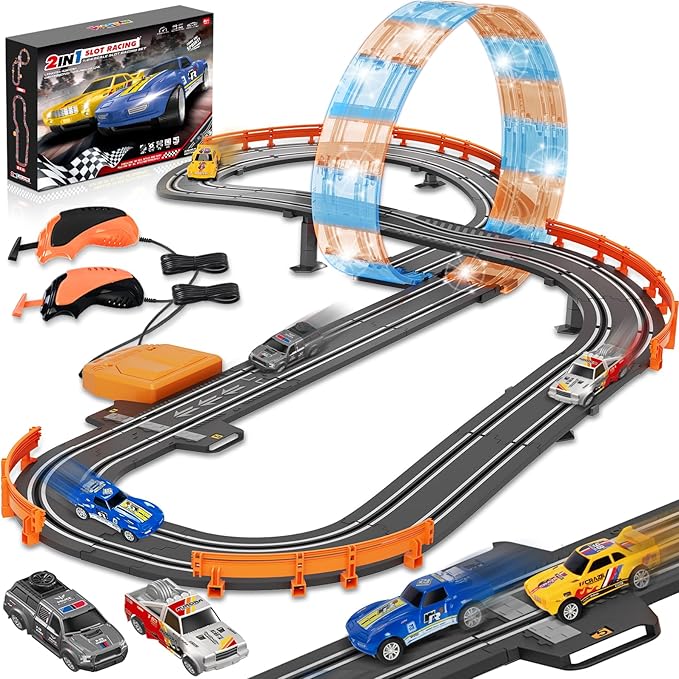 Slot Car Race Track Sets for Boys Age 4 5 6 7 8-12, Electric Race Car Track with 4 High-Speed Racing Car, Dual Racing Game Lap Counter Circular Overpass Track, Christmas Birthday Gifts Toys for Kids