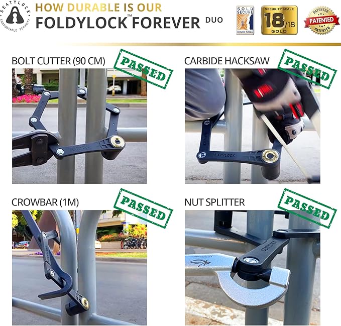 Seatylock FoldyLock Forever Folding Bike Lock Set - Patented 2 Matching Bicycle Locks with 6 Identical Keys - 18/18 Heavy Duty Anti Theft Secure Guard with Keys & Case Mount - 35.4"