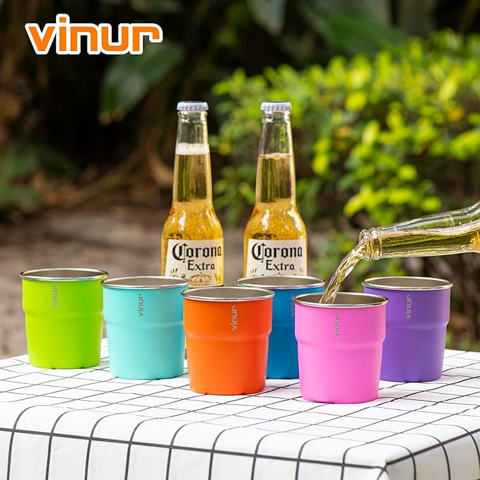 VINUR 8 oz Stainless Steel Cups Tumbler Stackable Metal Drinking Glasses for Travel, Camping, Outdoors, 4 Pack (Baby Blue-Navy-Teal-Purple)