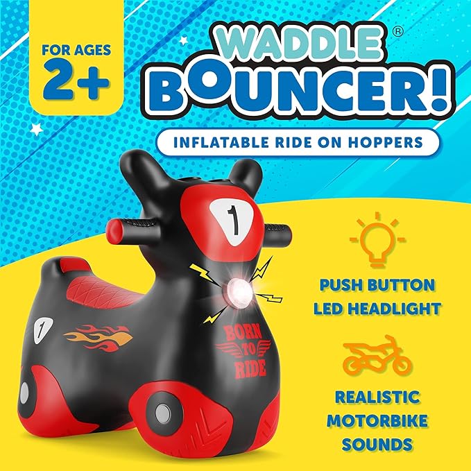 Waddle Bouncy Hopper Inflatable Hopping Toy Scooter, Indoors and Outdoor for Toddlers and Kids, Boys and Girls Ages 2 Years and Up (Black/Red Zoomer)
