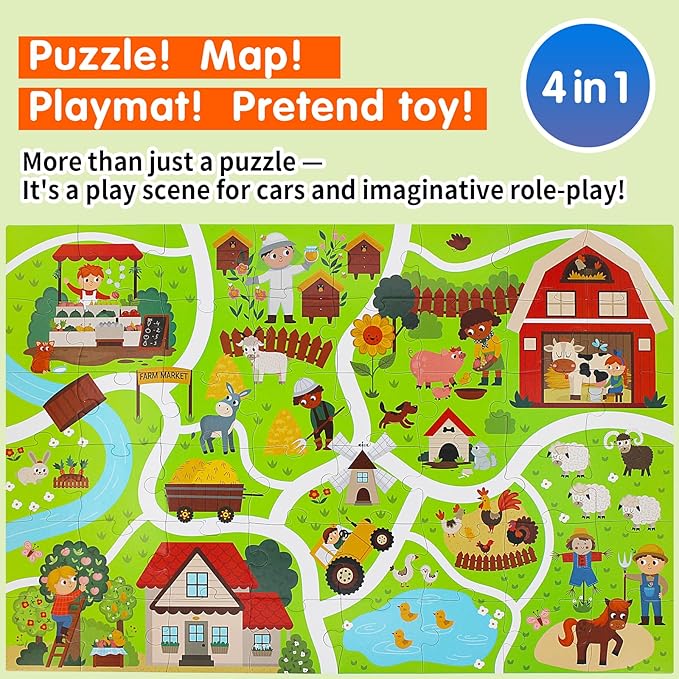 Farm Animals Jumbo Floor Puzzle, 48 Piece Large Jigsaw Puzzles for Toddler 3-5, Farm Adventure Play Mat for Pretend Play, Preschool Educational Toys for Kids Ages 4-8