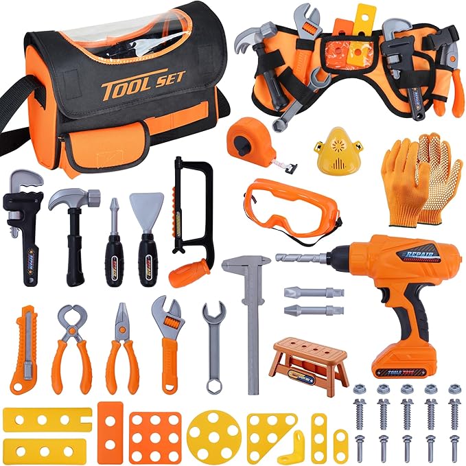 Kids Tool Set,MAGIC4U 52PCS Toddler Tool Set with Electric Drill Toy & Kids Tape Measure, Pretend Play Construction Toys Costume with Tool Belt for Boy Girls Age 3-8