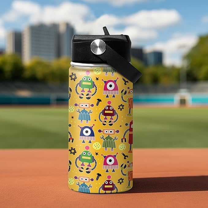 Kids Water Bottle with Straw Robot Insulated Water Bottles 12oz Stainless Steel Travel School Tumbler Double Wall Vacuum Cup for Boys Kid