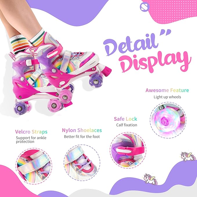 SULIFEEL Rainbow Unicorn 4 Size Adjustable Light up Roller Skates for Girls Boys for Kids
