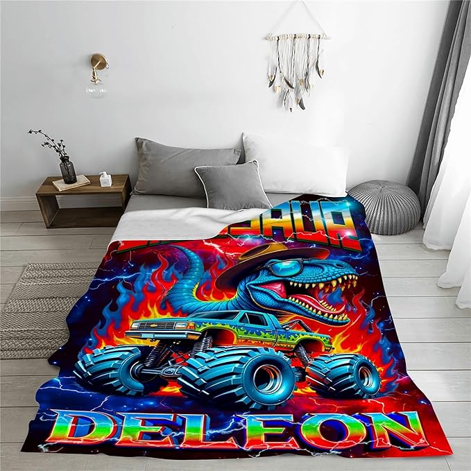 Custom Truck Blanket with Name Personalized Dinosaur Throw Blanket for Boys Cars Lovers Gifts for Couch Sofa Bed Decor(Boy-04)