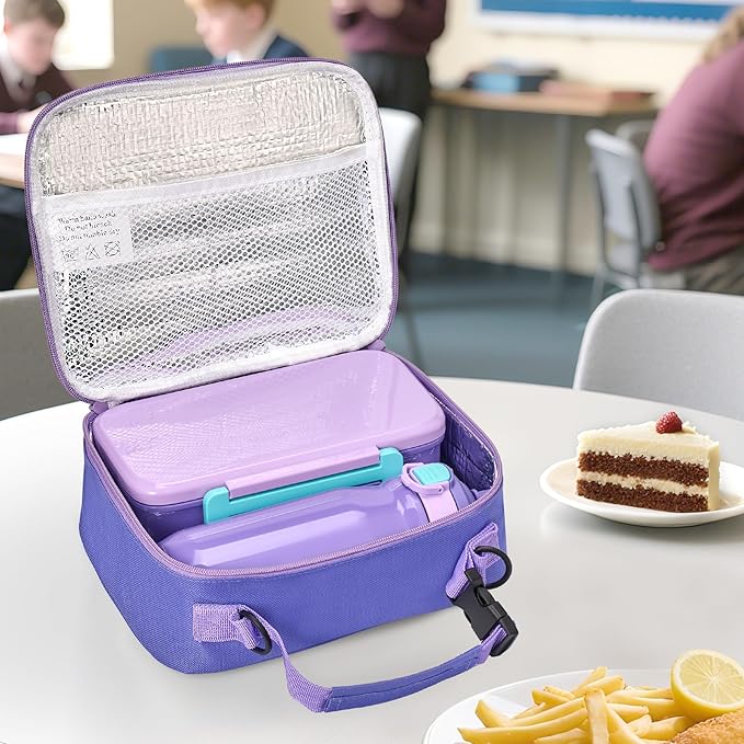 PIQUEBAR Kids Lunch Bento Box with 8oz Thermo Ice Pack Food Container with Insulated Lunch Bag, Insulated Water Bottle with Straw for Girls Boys, (A-Purple)