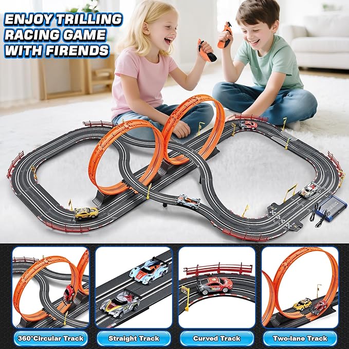 Boy Toys Gifts for 6 7 8-12 Years Old, Slot Car Race Track Sets with 4 Slot Cars, Battery or Electric Car Track for Boys, Dual Racing Game Lap Counter Circular Overpass Track Gifts for Kids